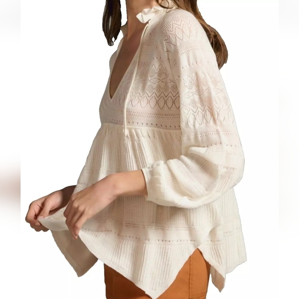 Anthropologie Cream Pointelle Babydoll Top